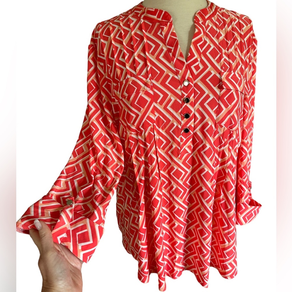 COCOMO XL Coral orange white 3/4 sleeve women’s Pintuck Blouse top shirt - Picture 2 of 15